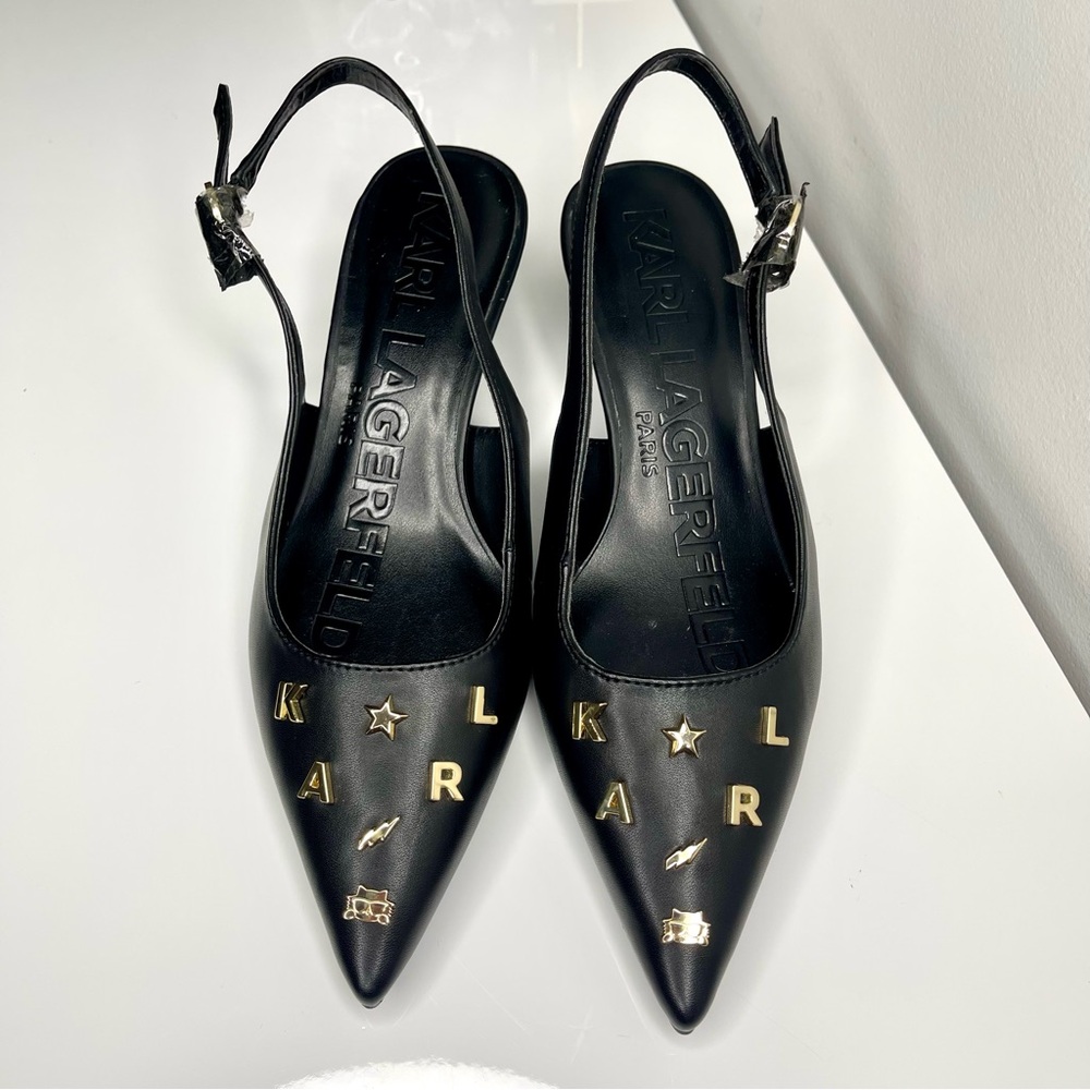 Karl Lagerfeld Paris Black Pointed Kitten Heels with Gold Accents Size 8M - Picture 3 of 11
